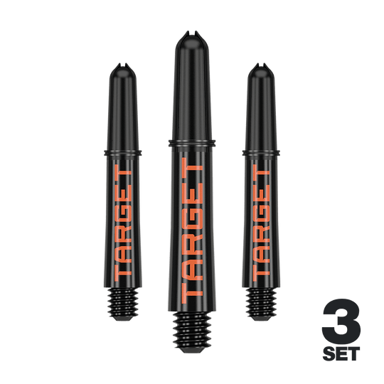 Auf dem Bild sind drei schwarze Dartschäfte mit orangener "TARGET"-Aufschrift zu sehen. Unten rechts steht "3 SET", was darauf hinweist, dass es sich um ein Set aus drei Stück handelt.