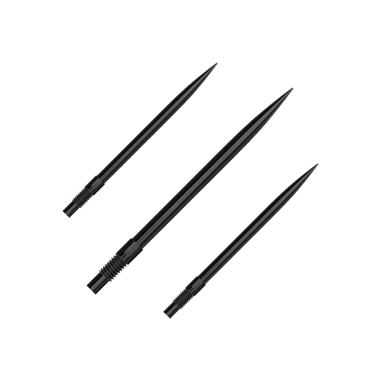 Harrows Quick Point Dart Tips - Black Ein Set von schwarzen Dartspitzen ist abgebildet. Die Spitzen sind 35 mm lang und auf einem weißen Hintergrund präsentiert.