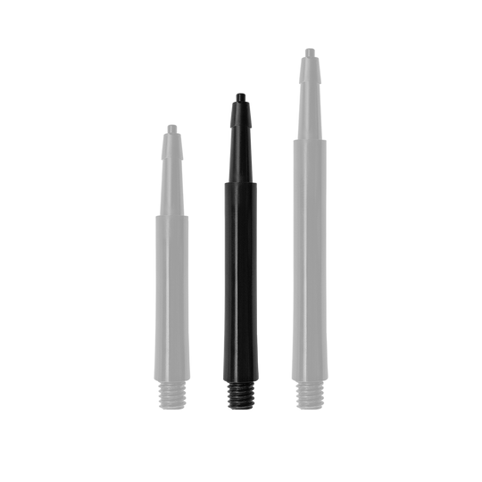 Das Bild zeigt drei schwarze Harrows Clic Standard Shafts in verschiedenen Längen. Die Shafts sind für Dartpfeile geeignet.