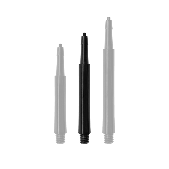 HRC12626_Harrows_Clic_Standard_Shafts_Schwarz_30mm_1CuW7VeyIAahRT Das Bild zeigt drei schwarze Harrows Clic Standard Shafts in verschiedenen Längen. Die Shafts sind für Dartpfeile geeignet.