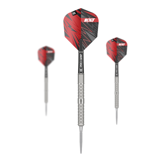 Target Sebastian Bialecki GEN1 Swiss Point Steeldarts - 22g Das Bild zeigt drei Steeldarts des Modells "Target Sebastian Bialecki GEN1 Swiss Point" mit einem Gewicht von 22g. Die Darts haben silberne Spitzen und Schäfte mit roten und schwarzen Flights.