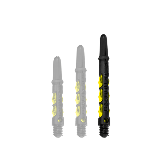 HR421_Harrows_Carbon_ST_Shafts_Gelb_47mm_1 Das Bild zeigt drei Harrows Carbon ST Shafts in Gelb. Die Shafts sind unterschiedlich lang und haben ein schwarzes Design mit gelben Akzenten.