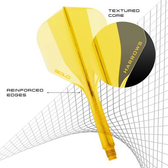 Harrows Solo No6 Flight Shaft System - Yellow Hier ist das Harrows Solo No6 Flight-Shaft-System in Gelb abgebildet. Es dient als Flight- und Schaft-Kombination für Dartpfeile.