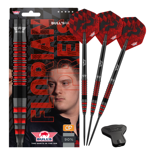 Abgebildet wird Bulls NL Florian Preis 90 Convertible Point Steeldarts. Das Set ist übersichtlich angeordnet.
