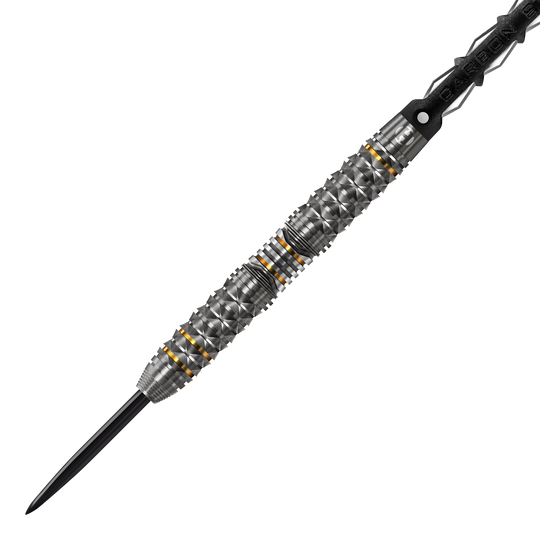Harrows Opus Steeldarts Das Bild zeigt einen Harrows Opus Steeldart. Der Dartpfeil hat ein silbernes, strukturiertes Design mit goldenen Akzenten.