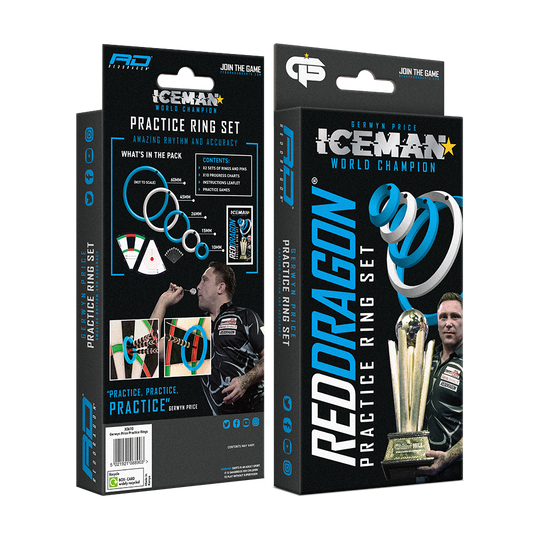 X0610_Red_Dragon_Gerwyn_Price_Practice_Rings_2 Auf dem Bild ist das Produkt „Red Dragon Gerwyn Price Practice Rings“ zu sehen. Die Verpackung zeigt blaue Übungsringe und ein Bild von Gerwyn Price mit einem Pokal.