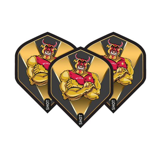 Shot Michael Smith Bully Boy Gold Standard Flights Das Bild zeigt drei Dart-Flights mit einem muskulösen, roten Stier auf goldenem Hintergrund. Auf den Flights steht der Name „Bully Boy“ und unten das Wort „Shot“.