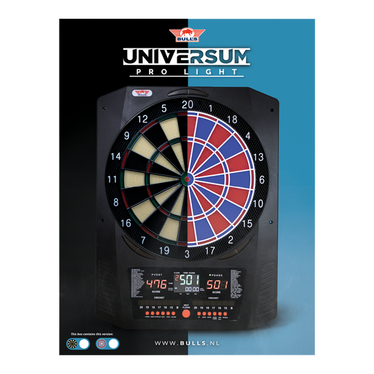 Bulls NL Universum Pro Light Electronic Dartboard - Blue Red Hier sieht man das Bulls NL Universum Pro Light Elektronisches Dartboard in den Farben Blau und Rot. Dieses Dartboard bietet viele Spieloptionen.