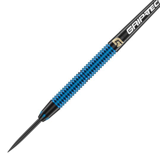 GOAT Athlete Blue Brass Steeldarts - 12g Das Bild zeigt einen GOAT Athlete Blue Brass Steeldart mit einem Gewicht von 12g. Der Dart hat eine blaue geriffelte Oberfläche und eine schwarze Spitze.