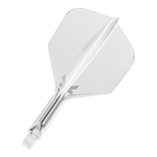 Target K-Flex No6 Flight System - Clear Das Bild zeigt ein durchsichtiges Dart-Flightsystem mit einem integrierten Schaft. Es ist vor schwarzem Hintergrund abgebildet.