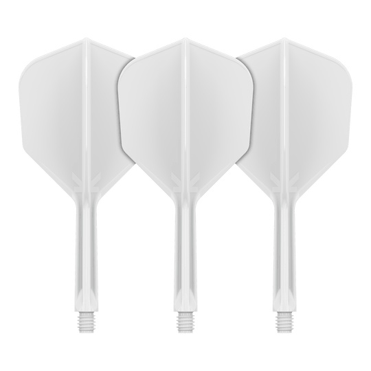 Target K-Flex No6 Flight System - White Das Bild zeigt vermutlich ein weißes Flight-System, wahrscheinlich Target K-Flex No6 mit 26 mm Länge. Es handelt sich um ein Dart-Zubehör.