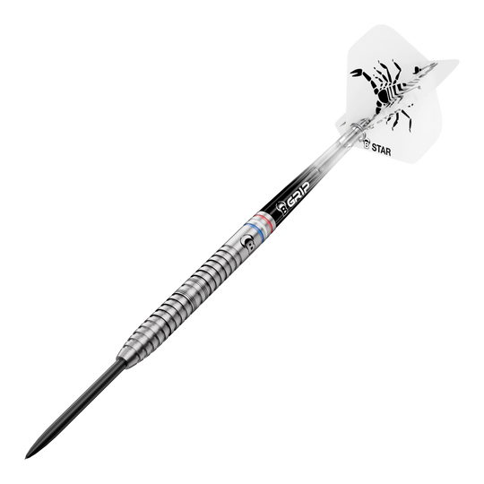 Abgebildet sind die Bulls Challenger Kendji Steinbach Steeldarts mit einem Gewicht von 23g. Die Darts haben ein markantes Design und sind speziell für Steeldart-Spieler entwickelt.