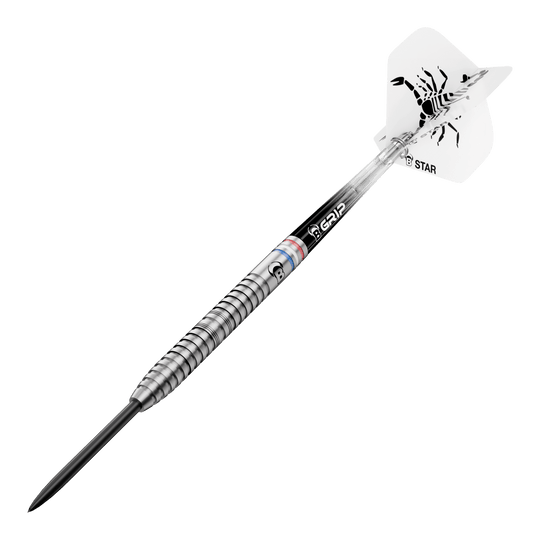 Bulls Challenger Kendji Steinbach Steeldarts - 23g Abgebildet sind die Bulls Challenger Kendji Steinbach Steeldarts mit einem Gewicht von 23g. Die Darts haben ein markantes Design und sind speziell für Steeldart-Spieler entwickelt.