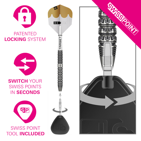 Target Redux 01 Swiss Point steel darts Diese Abbildung zeigt die Target Redux 01 Swiss Point Steeldarts. Es handelt sich um hochwertige Steeldarts für Dartspieler.