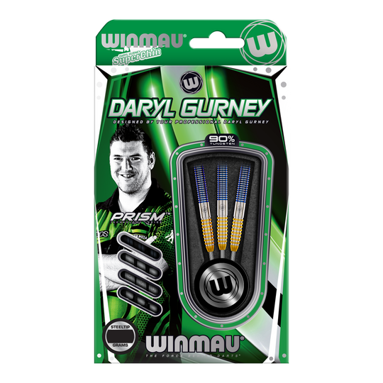 Winmau Daryl Gurney SC 1.0 Series Steeldarts - 23g Das Bild zeigt die Winmau Daryl Gurney SC 1.0 Series Steeldarts mit einem Gewicht von 23 Gramm in der Verpackung. Auf der Verpackung ist ein Porträt von Daryl Gurney sowie die drei enthaltenen Darts zu sehen.