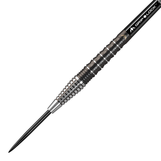 Mission Makara M2 steel darts - 23g Das Bild zeigt den "Mission Makara M2 Steeldart" mit einem Gewicht von 23 Gramm. Der Dartpfeil hat eine schwarze Spitze und einen geriffelten, silber-schwarzen Griffbereich.