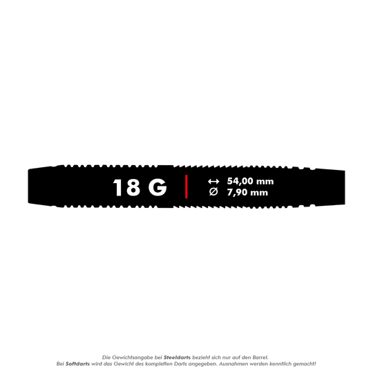 HA13968-B_Harrows_Blaze_Style_B_Softdarts_5_18g Das Bild zeigt das Produkt "Harrows Blaze Style B Softdarts" mit einem Gewicht von 18 Gramm. Die Länge beträgt 54,00 mm und der Durchmesser 7,90 mm.