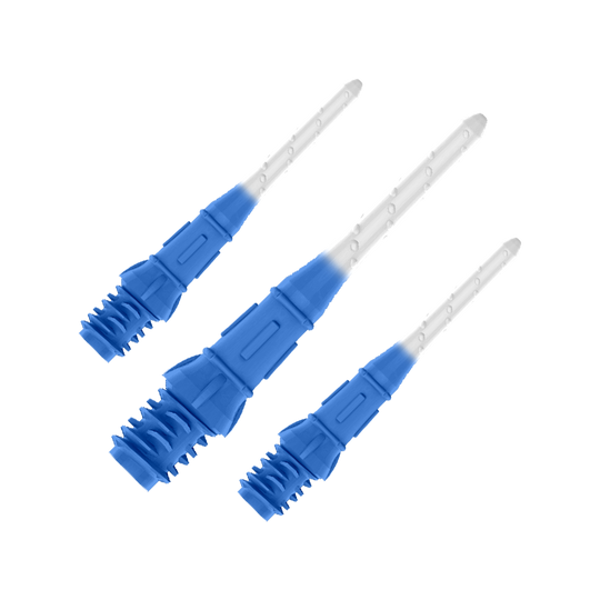 Das Bild zeigt drei blaue und weiße Dartspitzen, die nebeneinander liegen. Die Spitzen haben ein zweifarbiges Design mit dunklem Blau am unteren Teil und Weiß am oberen Teil.