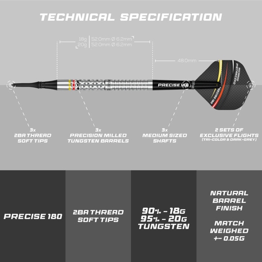Precise 180 Ricardo Pietreczko GEN1 Softdarts sind Softdarts mit besonderem Design. Sie eignen sich perfekt für elektronische Dartboards.