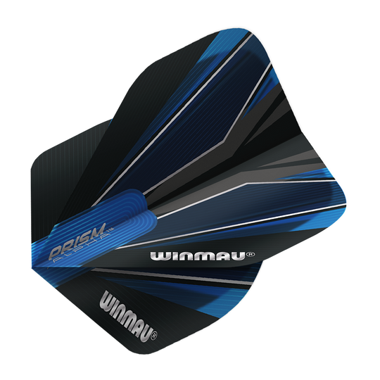 6915-153_Winmau_Prism_Alpha_Blue_Standard_Flights_2 Das Bild zeigt das Produkt "Winmau Prism Alpha Blue Standard 2 Flights". Die Flights sind überwiegend blau und schwarz mit dynamischen Linien und dem Winmau-Logo bedruckt.