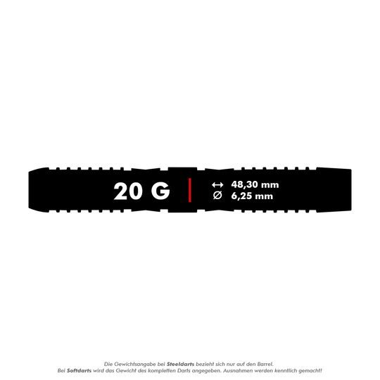 Red Dragon Panterra soft darts - 20g Das Bild zeigt die Produktangaben für die Red Dragon Panterra Softdarts mit einem Gewicht von 20 Gramm. Die Darts sind 48,30 mm lang und haben einen Durchmesser von 6,25 mm.