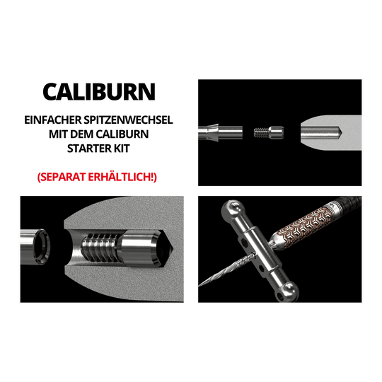 Caliburn System steel dart tips - Spiro - NoLip - silver Das Bild zeigt das Produkt "Caliburn System Steeldartspitzen - Spiro - NoLip - Silber" in mehreren technischen Detailansichten. Es werden der Aufbau und die Montage der Dartspitzen anschaulich dargestellt.