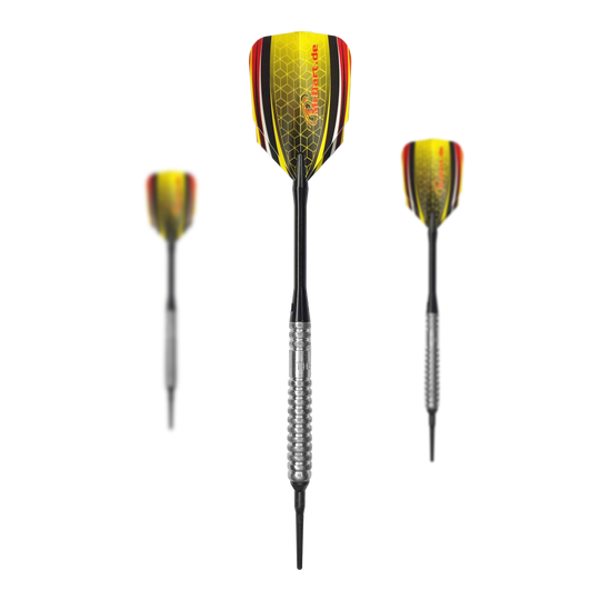 McDart 85 Tungsten V20 Soft Darts - 17g Das Bild zeigt drei Softdarts des Modells "McDart 85er Tungsten V20" mit einem Gewicht von 17g. Die Flights sind in Gelb, Rot und Schwarz gestaltet und haben ein Wabenmuster.