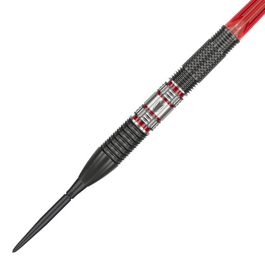 Target Gabriel Clemens 95K Swiss Point Steel Darts Das Bild zeigt einen Target Gabriel Clemens 95K Swiss Point Steeldart. Der Dart hat ein modernes Design mit schwarzen, silbernen und roten Akzenten.