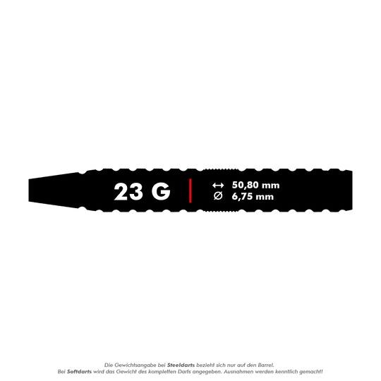 Dieses Bild zeigt das Barrel des Winmau Willie O'Connor Steeldarts mit einem Gewicht von 23 Gramm. Die Länge beträgt 50,80 mm und der Durchmesser 6,75 mm.