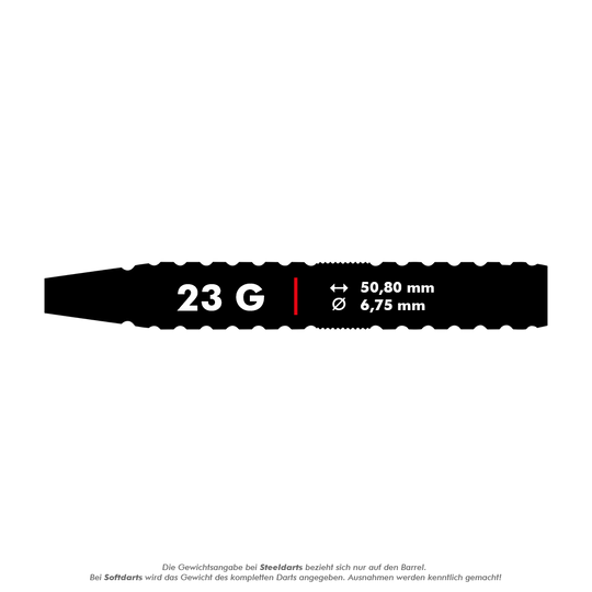 Winmau Willie OConnor Steel Darts - 23g Dieses Bild zeigt das Barrel des Winmau Willie O'Connor Steeldarts mit einem Gewicht von 23 Gramm. Die Länge beträgt 50,80 mm und der Durchmesser 6,75 mm.