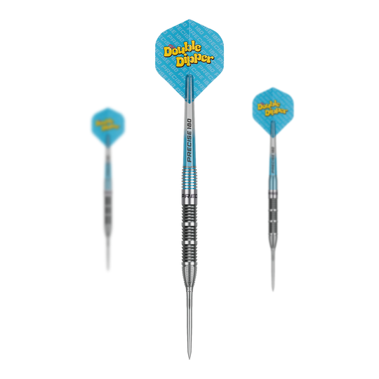 Precise 180 Bela Schugmann Double Dipper V1 steel darts Das Bild zeigt ein Set der Precise 180 Bela Schugmann Double Dipper V1 Steeldarts. Das Set ist ideal für Dartliebhaber.