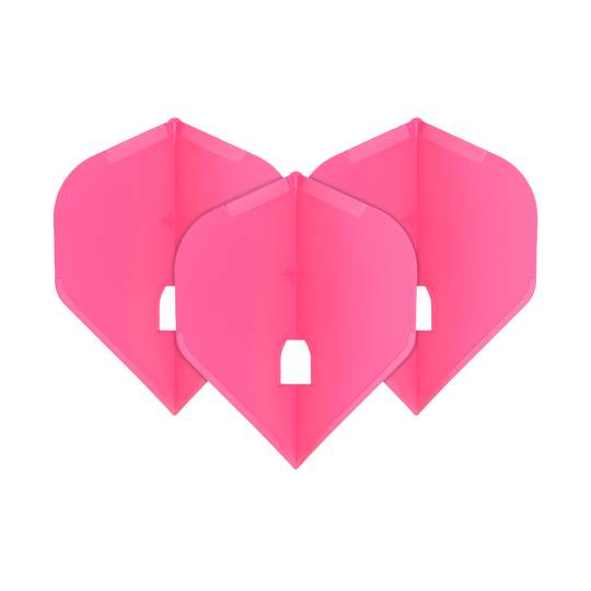 Das Bild zeigt drei pinke Dartflights in einer Standardform. Sie sind ordentlich nebeneinander angeordnet.