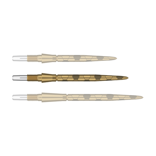 Target Swiss Storm Onyx Point Dart Tips - Gold Auf dem Bild sind drei goldfarbene Dartspitzen mit silbernem Gewinde zu sehen. Sie liegen nebeneinander und haben ein markantes, sechseckiges Muster auf der Oberfläche.