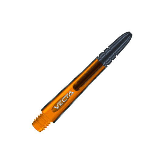 7025-110_Winmau_Vecta_Shafts_Orange_40mm_2 Das Bild zeigt einen orangefarbenen Winmau Vecta Shaft mit einer Länge von 37 mm. Der Schaft hat ein modernes Design und das Wort "VECTA" ist darauf zu sehen.