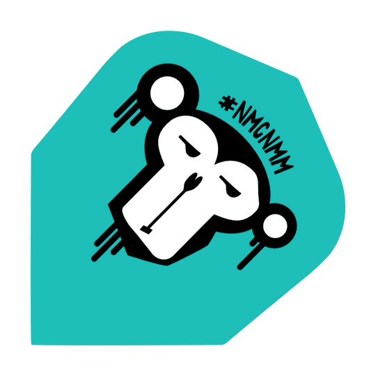 Not_My_Circus_Not_My_Monkeys_NMCNMM_Standard_Flights_1 Das Bild zeigt eine türkisfarbene Dart-Flugbahn mit dem stilisierten Gesicht eines Affen. Oben rechts steht der Hashtag "#NMCNMM".