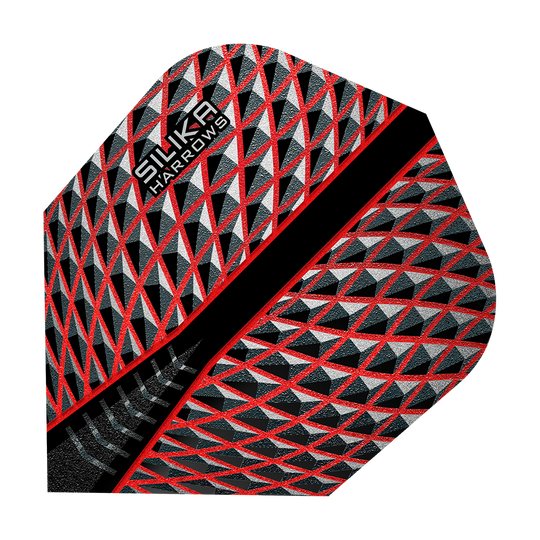 HR80_Harrows_Silika_Red_No6_Flights_1bnefdF3ncO2HY Das Bild zeigt das Produkt "Harrows Silika Red No6 Flights". Das Flight-Design ist überwiegend rot, schwarz und silber mit einem geometrischen Muster.