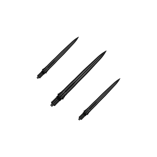 Hier sind EVO181 Caliburn EZ-EVO Dartspitzen Smooth Schwarz 28mm als Set dargestellt. Die Dartspitzen sind schwarz und haben eine glatte Oberfläche.
