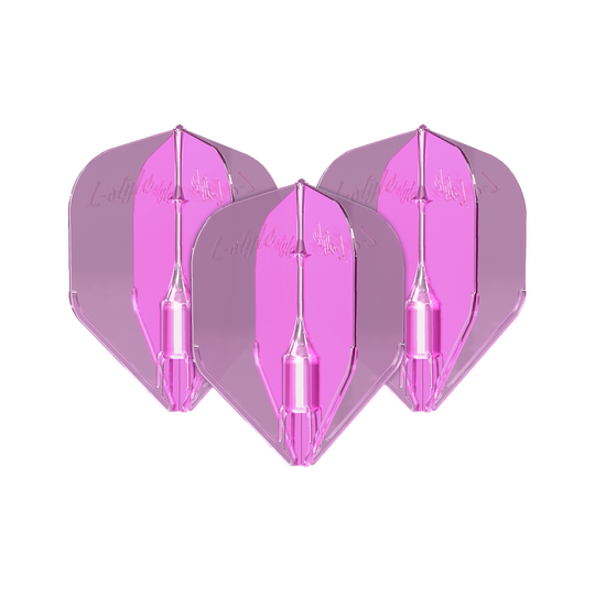 L-Style Fantom L3EZ Flights Clear Pink Das Bild zeigt drei klare, pinke Dartflights des Modells "L-Style Fantom L3EZ". Die Flights sind transparent und haben eine leuchtend pinke Farbe.