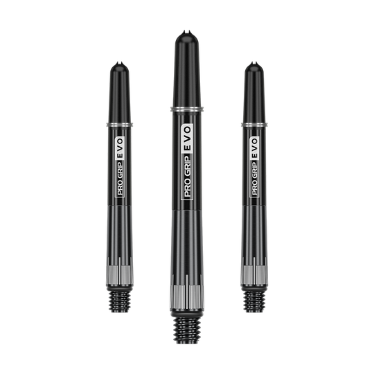 Target Pro Grip EVO Raymond Van Barneveld Chrono Titanium Shafts Auf dem Bild sind drei schwarze Dartschäfte mit der Aufschrift "PRO GRIP EVO" zu sehen. Sie sind aus Metall gefertigt und haben ein schraubbares Ende.