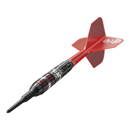 Das Bild zeigt einen Softdart der Serie "Target Japan Prime Series Diamond GEN3" mit einem Gewicht von 18g. Der Dart ist schwarz-silbern mit roten Akzenten und hat eine rote Flights.
