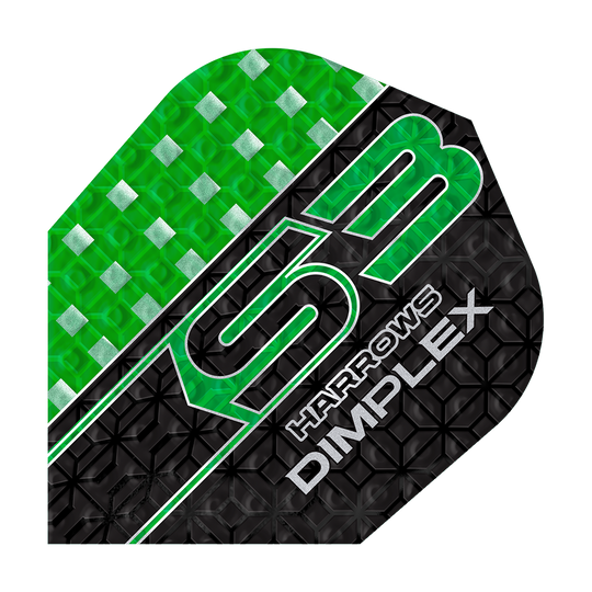 Harrows Dimplex S3 Flights - Green Das Bild zeigt ein Harrows Dimplex S3 Dart Flight in grün und schwarz mit geometrischem Muster. Auf dem Flight steht "S3 Harrows Dimplex" in auffälliger Schrift.