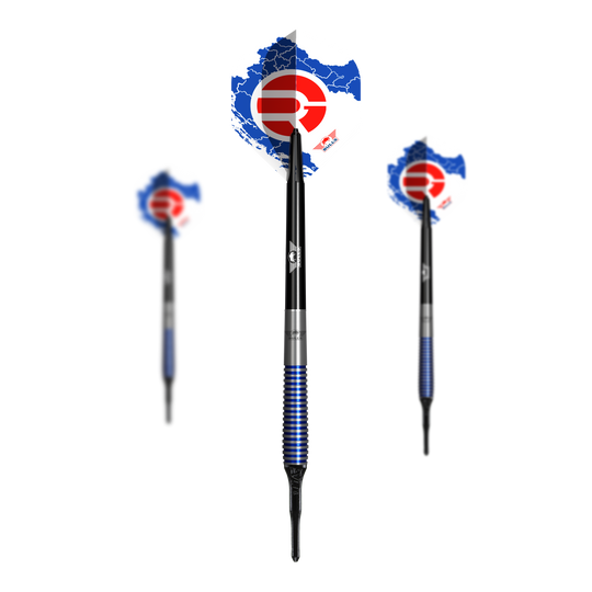 Bulls NL Romeo Grbavac soft darts - 19g Das Bild zeigt drei Softdarts des Modells "Bulls NL Romeo Grbavac 19g". Die Darts haben blaue und silberne Griffe sowie Flights mit einem blau-weißen Muster und rotem Logo.