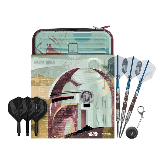 Target Star Wars Mandalorian 95 Swiss Point Steel Darts Abgebildet sind Target Star Wars Mandalorian 95 Swiss Point Steeldarts. Diese Darts haben ein einzigartiges Mandalorian-Design.