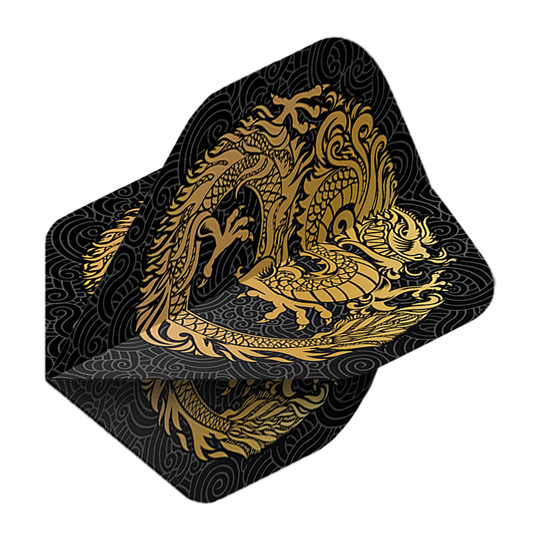 Pentathlon Flights Dragon black Auf dem Bild ist ein Pentathlon Dragon 2 Standard Flight zu sehen. Das Flight ist schwarz und mit einem goldenen Drachen verziert.