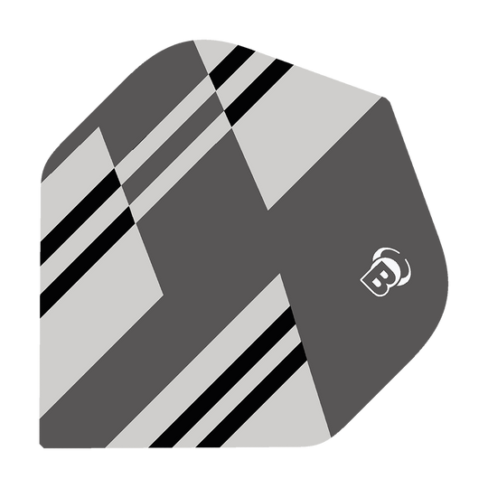 Das Bild zeigt das Produkt "Bulls B-Star Tac No2 Standard Flights". Das Flight ist grau mit schwarzen und weißen Streifen und hat ein modernes, geometrisches Design.