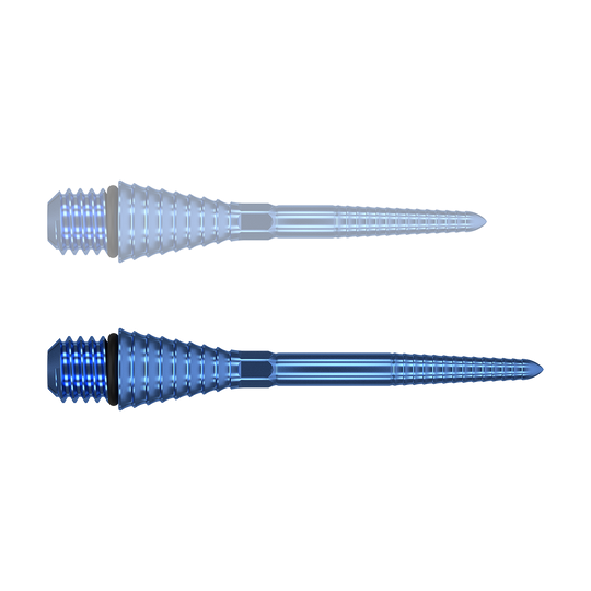380177_Target_Titanium_Swiss_Point_Grooved_Conversion_Points_Blau_30mm_1K4jXXPlE7y5MK Das Bild zeigt zwei blaue, gerillte Titanspitzen mit Schraubgewinde. Sie sind länglich und haben eine konische Form.