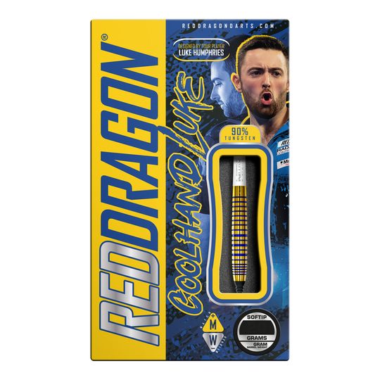 Red Dragon Luke Humphries TX3 Gold SE Softdarts - 20g Die Verpackung zeigt die "Red Dragon Luke Humphries TX3 Gold SE Softdarts - 20g". Auf der Box sind ein Dartpfeil, das Bild eines Spielers und auffällige gelbe und blaue Grafiken zu sehen.
