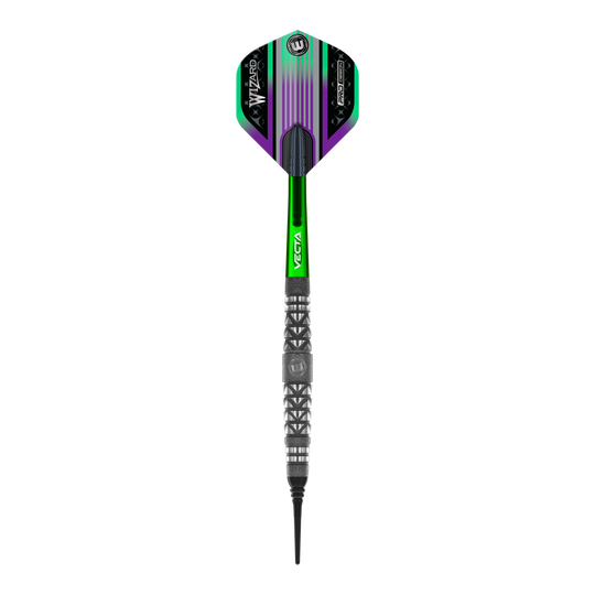 Winmau Simon Whitlock Atomized Grip Soft Darts Das Bild zeigt den Winmau Simon Whitlock Atomised Grip Softdart. Der Dartpfeil hat grüne und schwarze Akzente sowie eine strukturierte Griffzone.