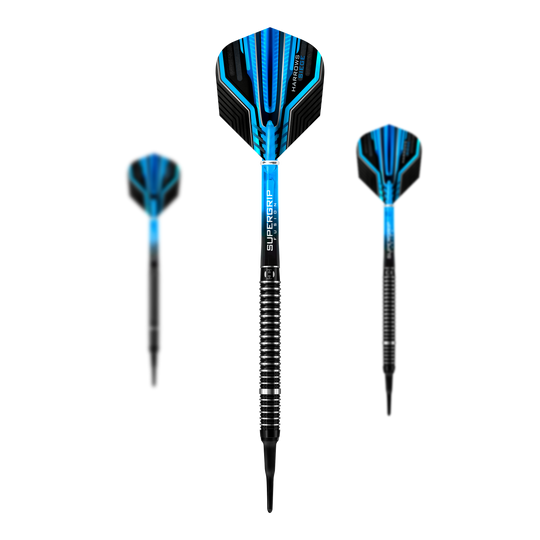 Harrows Siege Softdarts Das Bild zeigt drei Softdarts des Modells "Harrows Siege" mit blauen und schwarzen Flights. Die Spitzen sind schwarz und die Schächte haben ein silber-schwarzes Ringmuster für besseren Halt.