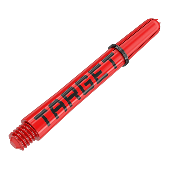 Target Pro Grip TAG Shafts - 3 Sets - Red Das Bild zeigt einen roten Dartschafte mit der Aufschrift "TARGET" in schwarzen Buchstaben. Der Schaft hat ein Schraubgewinde und einen schwarzen Gummiring.